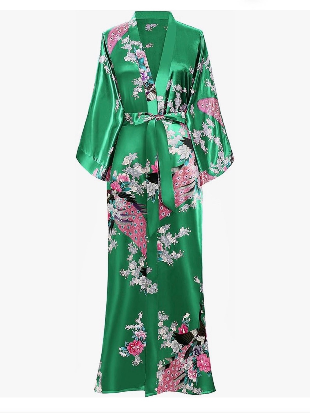 Green Floral Satin Kimono Dress with Belt